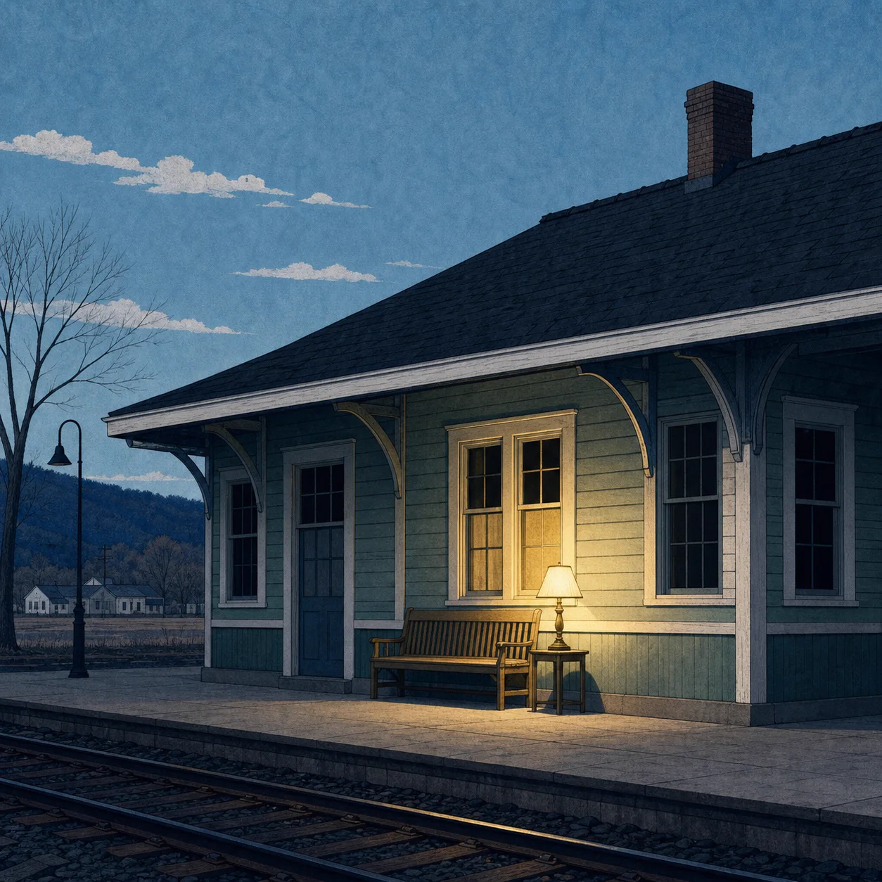 A solitary lit train station at night