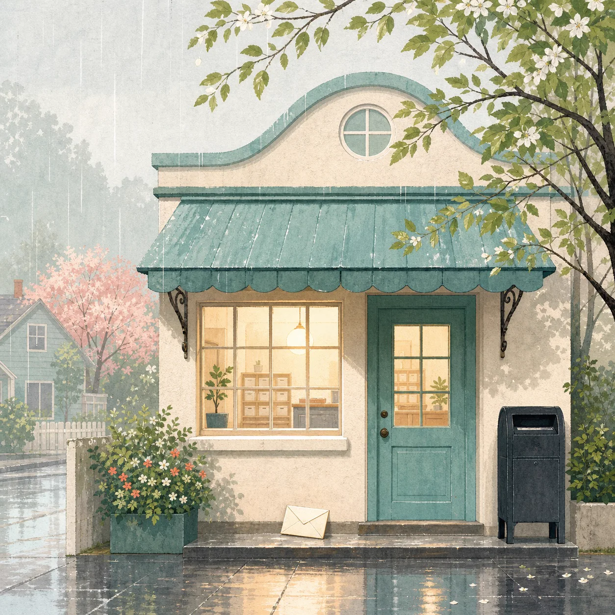 A warm post office window in gentle rain