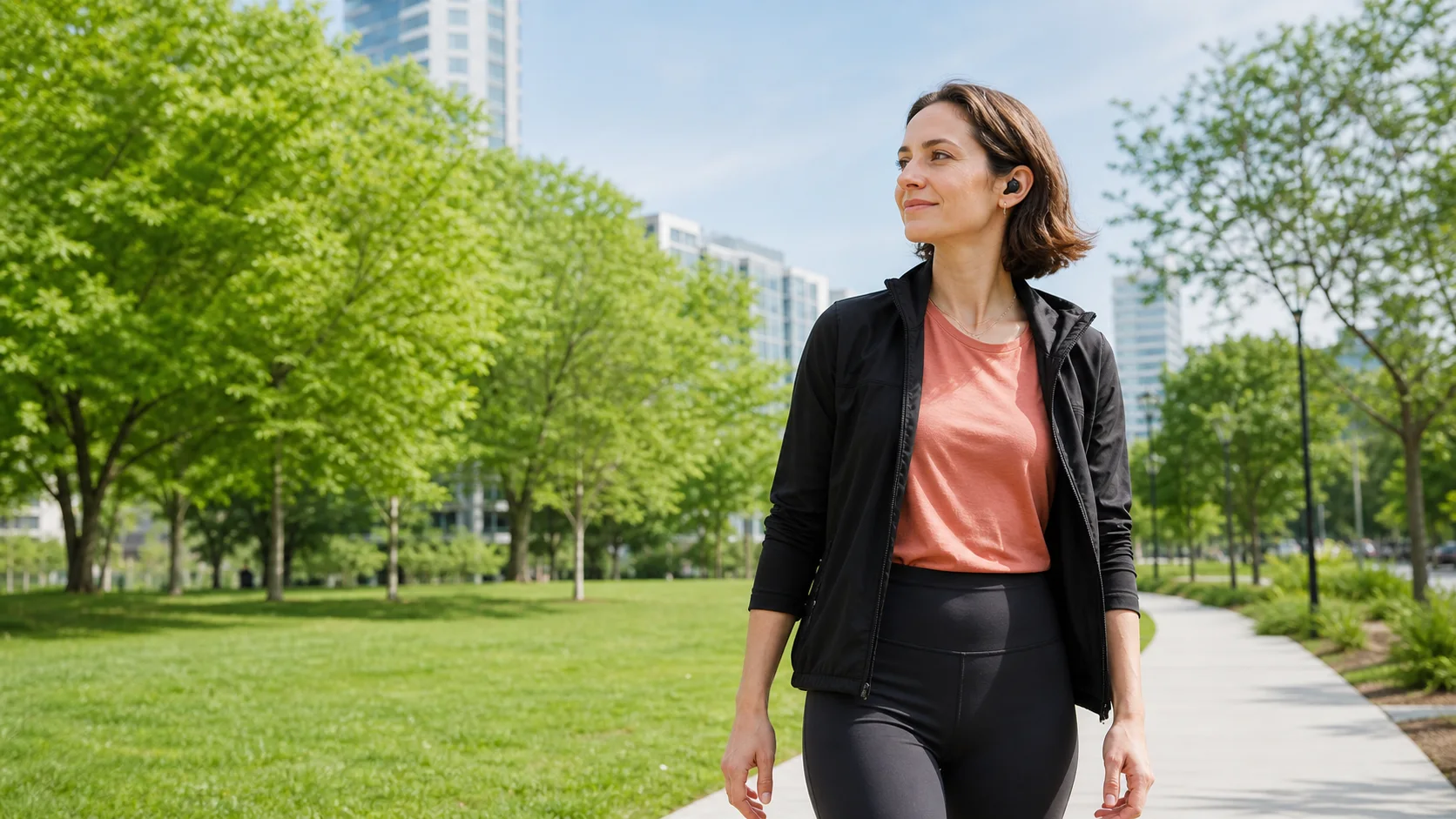 A person listening to an audio story while walking through a city park